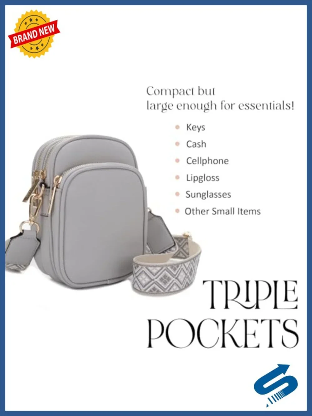 Triple Zip Crossbody Bag in Vegan PU Leather with Adjustable Strap
